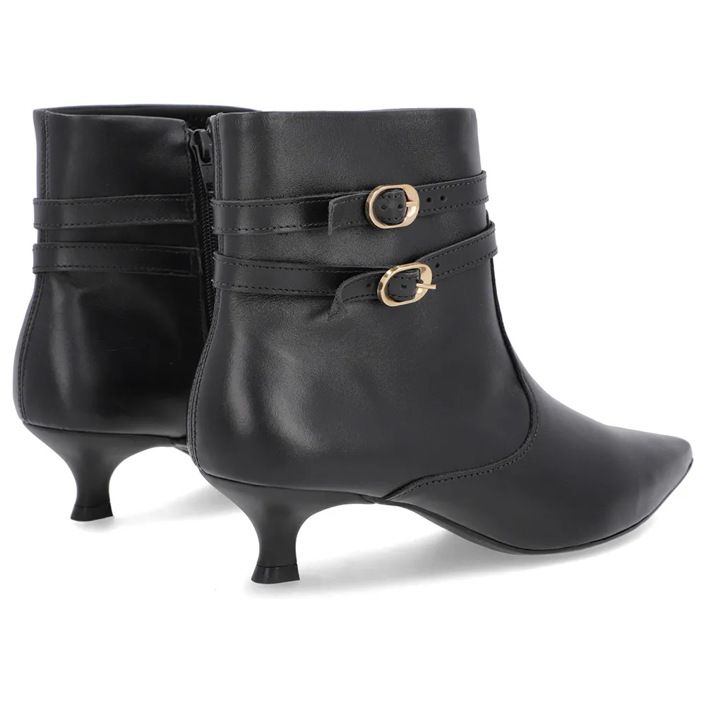Bottines à bout pointu en cuir noir à talon chaton et brides
