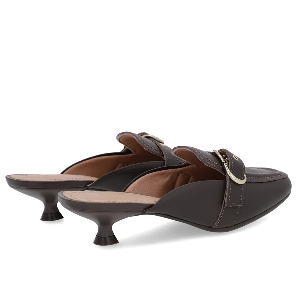 Mule Marrom Couro Salto Kitten Fivela