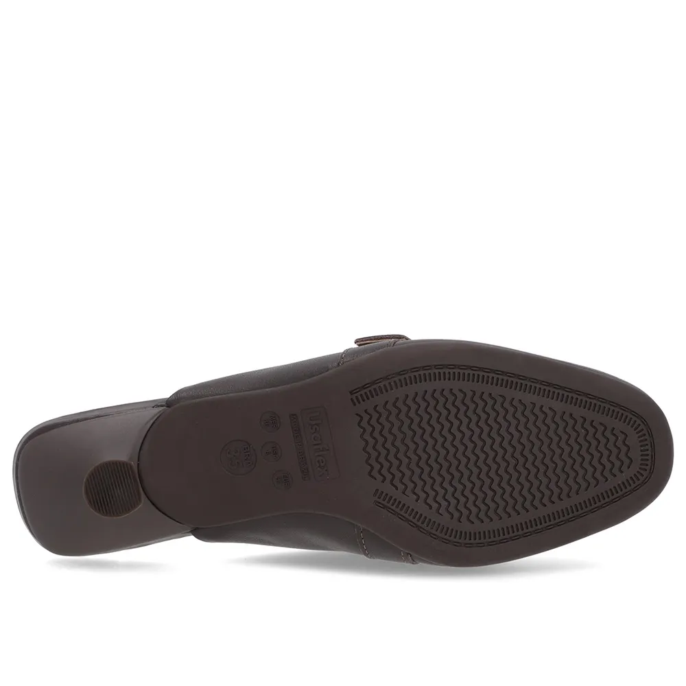 Mule Marrom Couro Salto Kitten Fivela