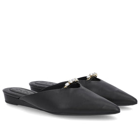 Mule Preto Bico Fino Couro Salto Anabela