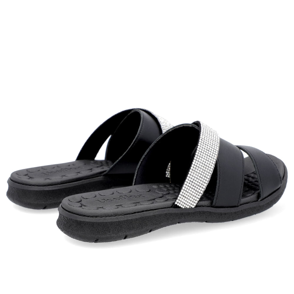 Claquettes noires avec lanières en cuir strass