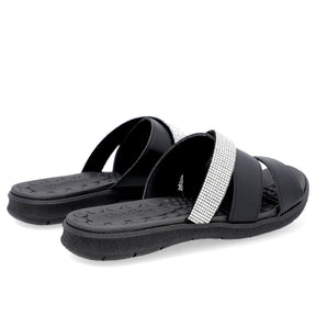 Claquettes noires avec lanières en cuir strass