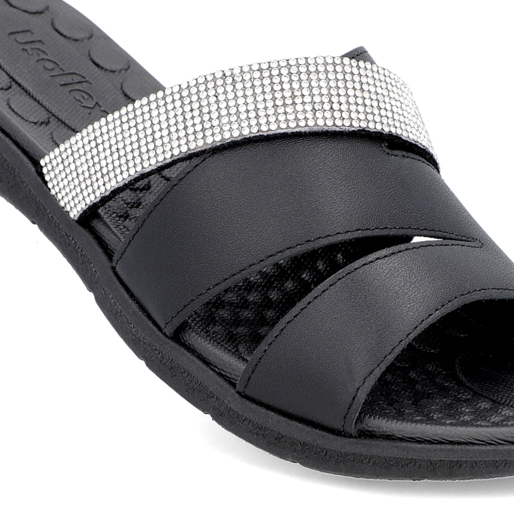 Claquettes noires avec lanières en cuir strass