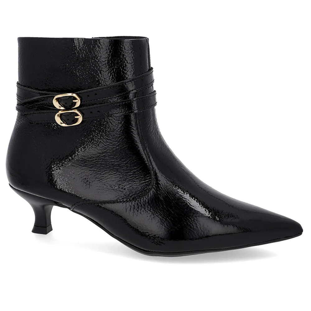 Bottines à bout pointu en cuir verni noir à talons aiguilles et brides