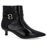 Bottines à bout pointu en cuir verni noir à talons aiguilles et brides