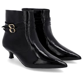 Bottines à bout pointu en cuir verni noir à talons aiguilles et brides