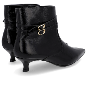 Bottines à bout pointu en cuir verni noir à talons aiguilles et brides