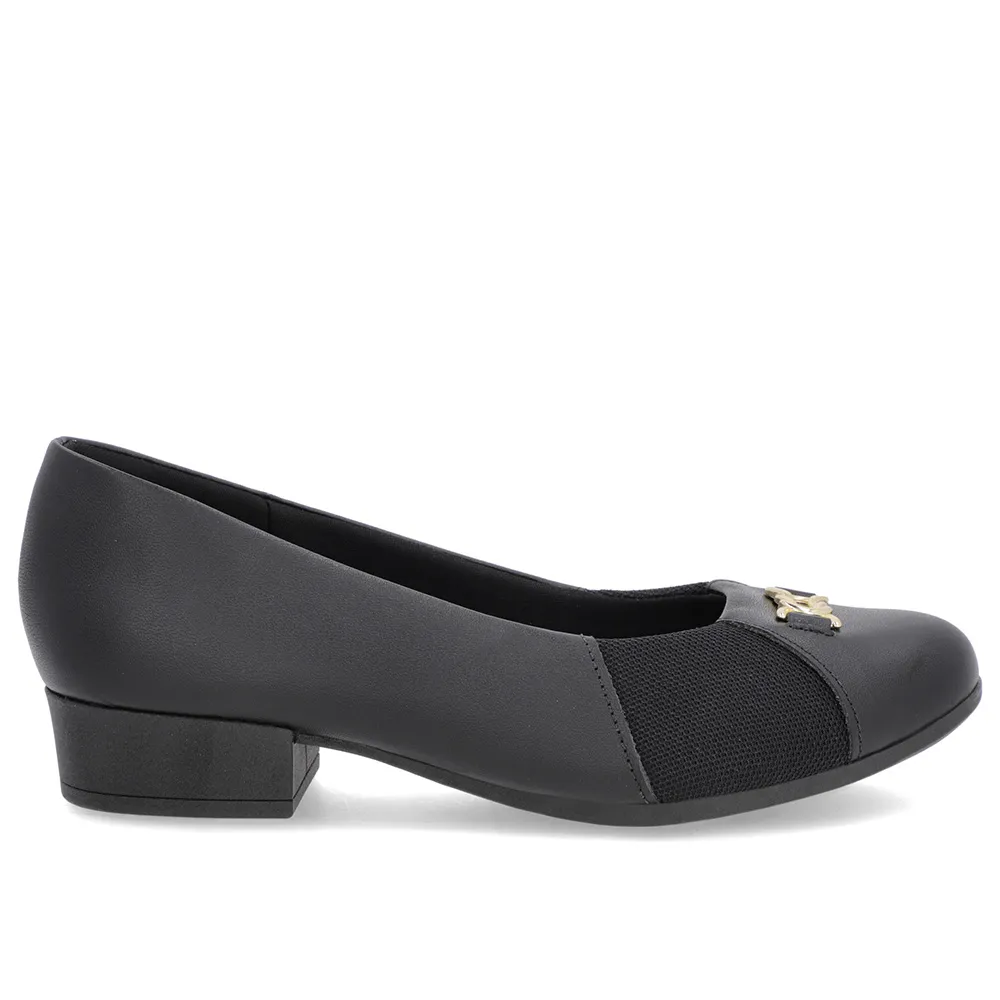 Escarpins à bout rond en cuir noir avec côtés en tissu