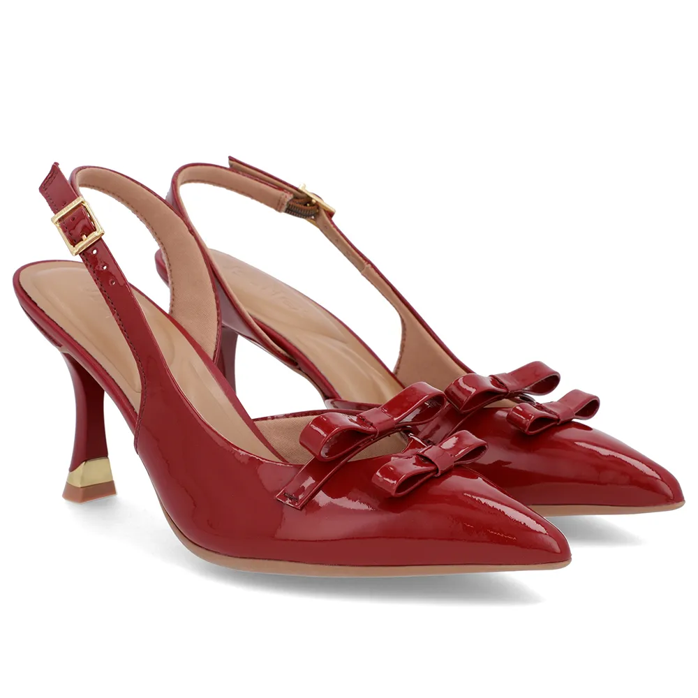 Escarpins rouges à bride arrière avec nœud en cuir verni