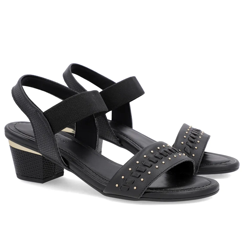 Sandale en cuir noir avec talon bloc et détail de talon