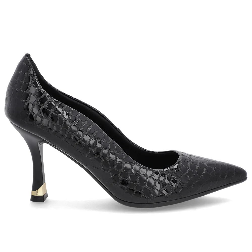 Escarpins en cuir de crocodile noir à bout pointu et détails découpés