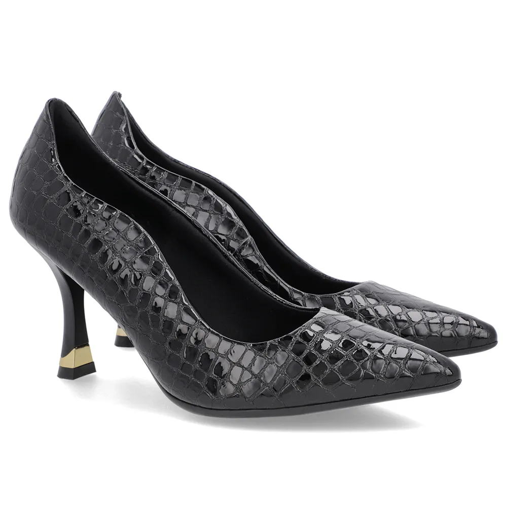 Escarpins en cuir de crocodile noir à bout pointu et détails découpés