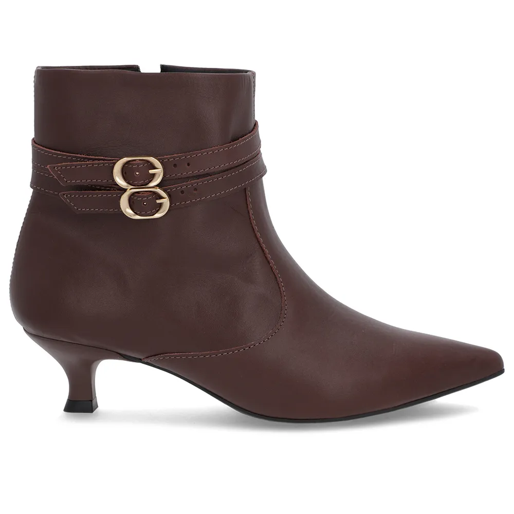 Bottines à bout pointu en cuir marron à talon chaton et brides