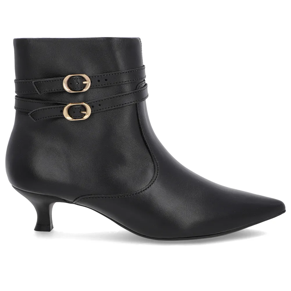 Bottines à bout pointu en cuir noir à talon chaton et brides