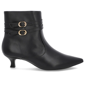 Bottines à bout pointu en cuir noir à talon chaton et brides