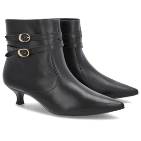 Bottines à bout pointu en cuir noir à talon chaton et brides