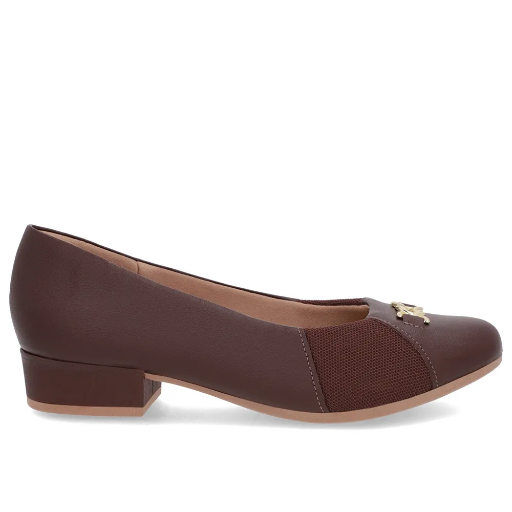 Escarpins en cuir marron, bout rond, côté tissu