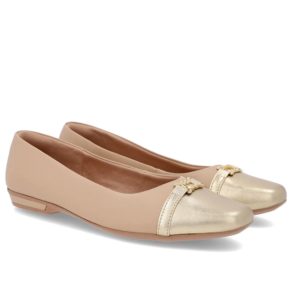 Ballerines en cuir beige à bout doré