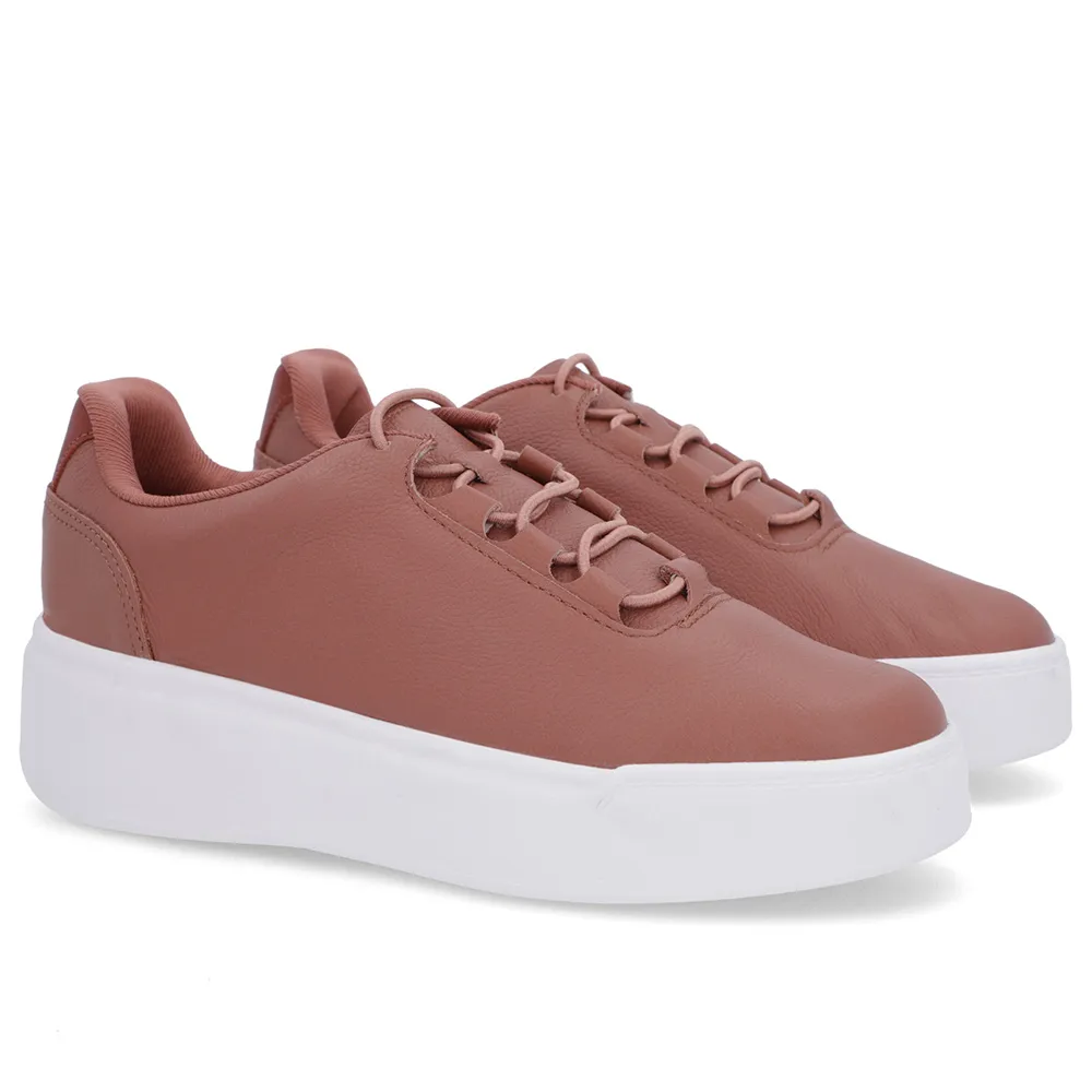 Baskets en cuir rose à semelle haute et lacets élastiques