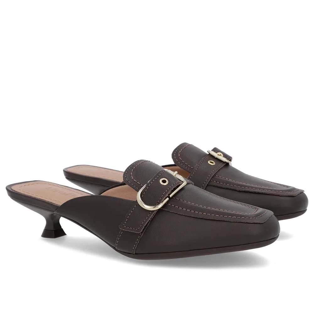 Mule Marrom Couro Salto Kitten Fivela