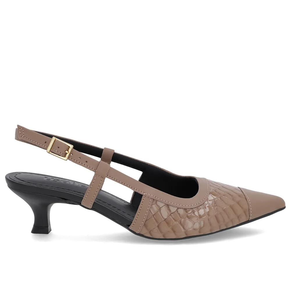 Escarpins marron à bride arrière et talon chaton en cuir de crocodile